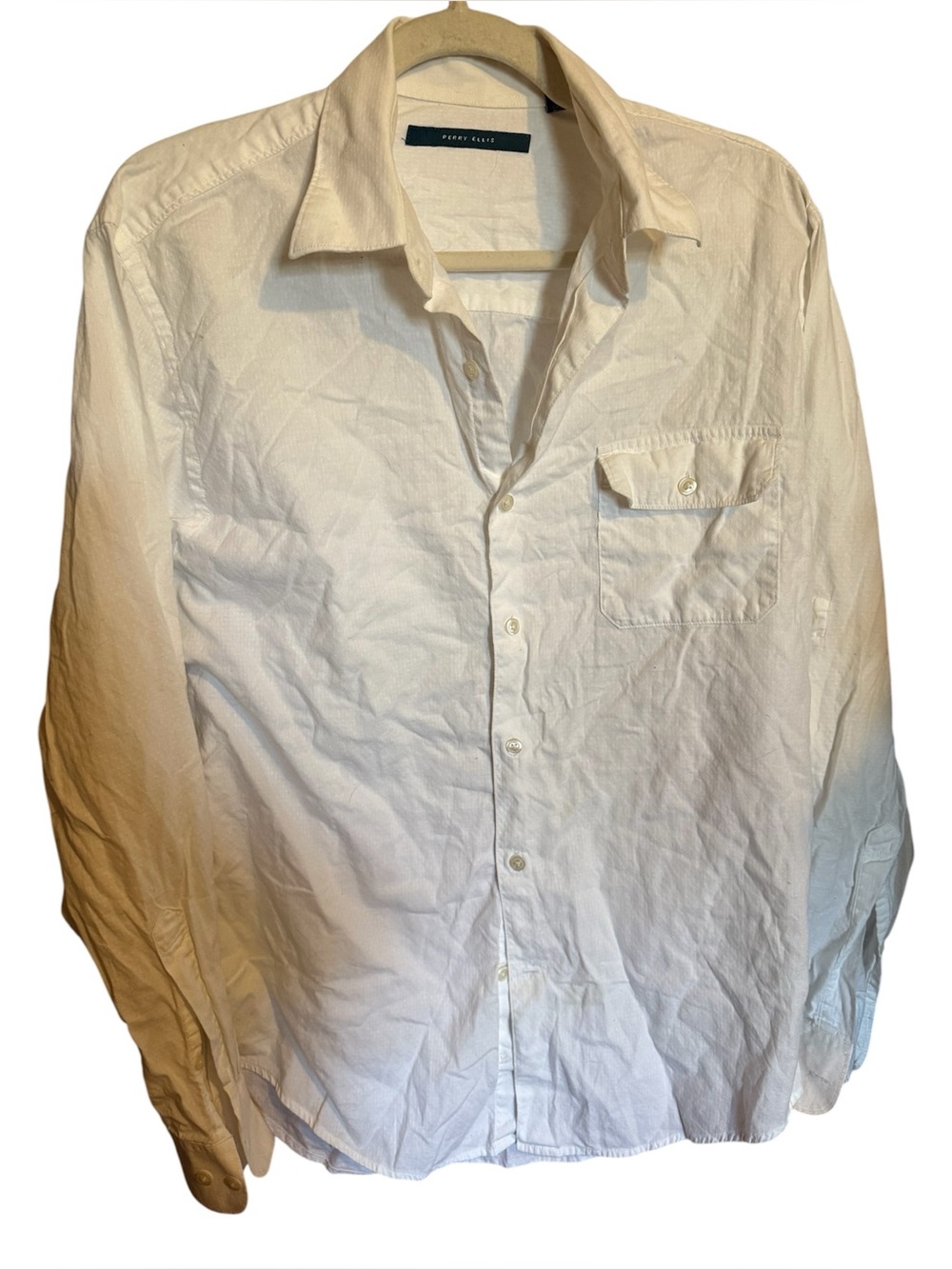Perry Ellis White Long-Sleeve Casual Button-Down Shirt